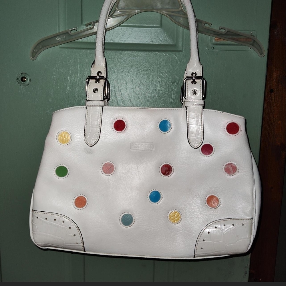 Vintage Coach Leatherware White Leather Shoulder Bag w/ Rainbow Of Colorful Dots